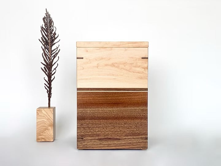 Maple and Walnut Cremation Urn with Nesting KeepsakeTray