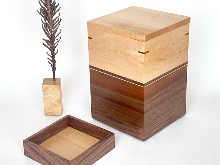 Maple and Walnut Cremation Urn with Nesting KeepsakeTray