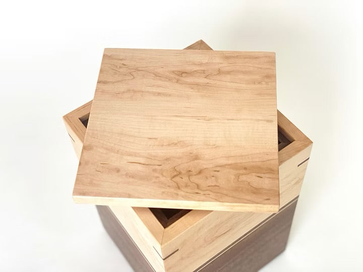 Maple and Walnut Cremation Urn with Nesting KeepsakeTray