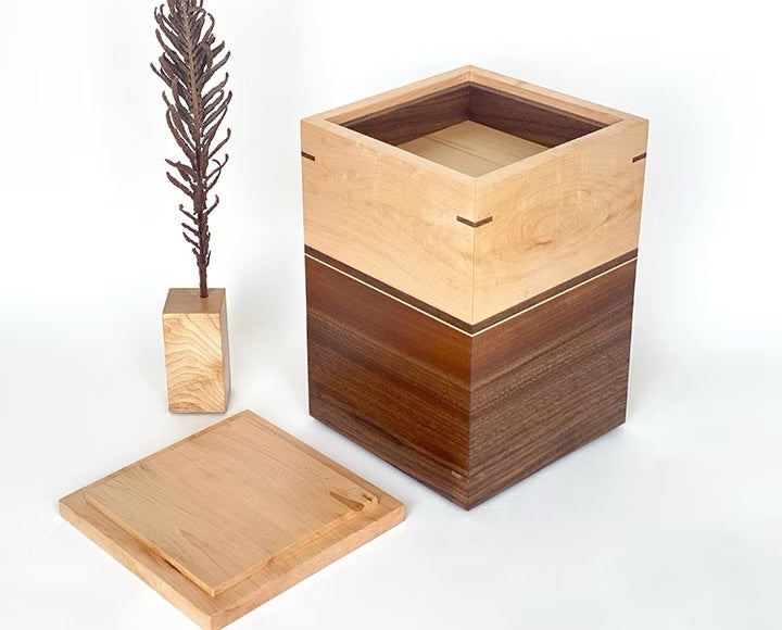 Maple and Walnut Cremation Urn with Nesting KeepsakeTray
