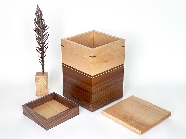 Maple and Walnut Cremation Urn with Nesting KeepsakeTray