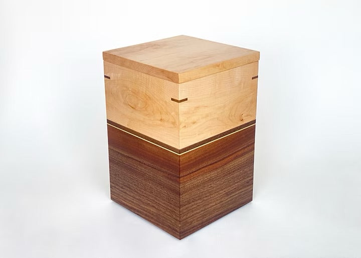 Maple and Walnut Cremation Urn with Nesting KeepsakeTray