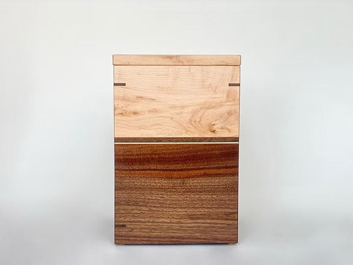 Maple and Walnut Cremation Urn with Nesting KeepsakeTray