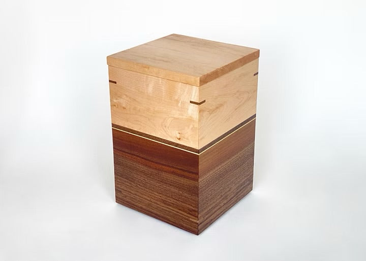 Maple and Walnut Cremation Urn with Nesting KeepsakeTray