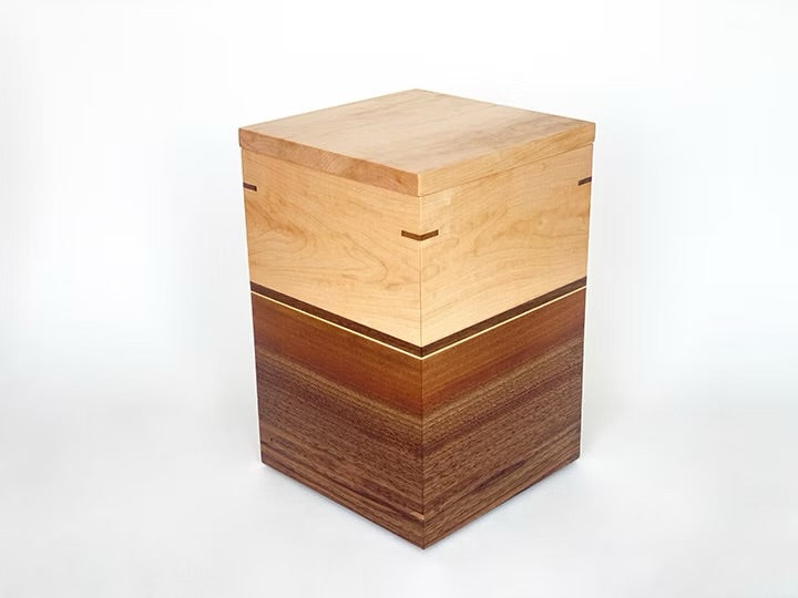 Maple and Walnut Cremation Urn with Nesting KeepsakeTray